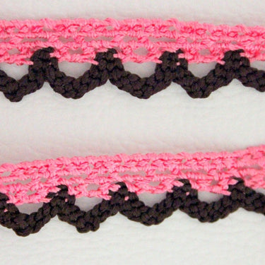 Pink and Brown Embroidery Crochet Cotton Border Trim, One Yard Lace Approx. 12mm Wide, Brown Lace And Pink Lace